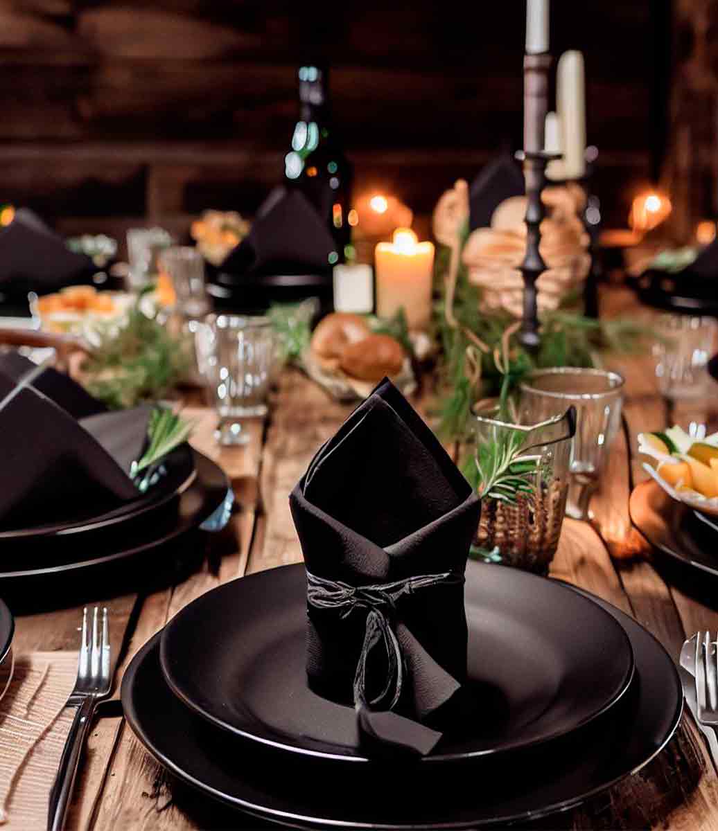 guardanapos pretos oxford na decoração de uma mesa clássica com velas 