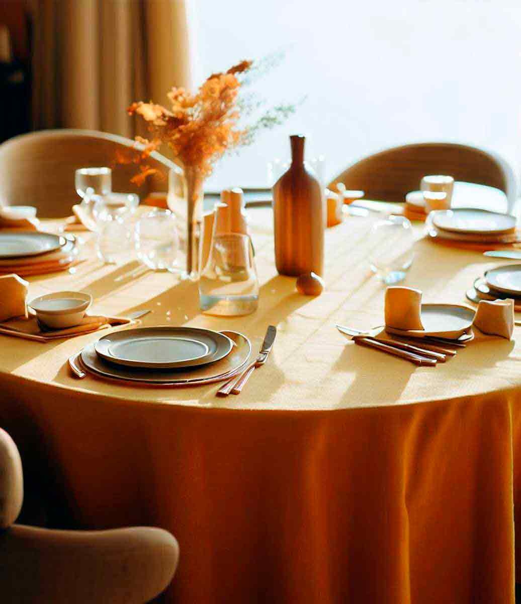 decoração de café da manhã com toalha de mesa amarelo ocre de linho