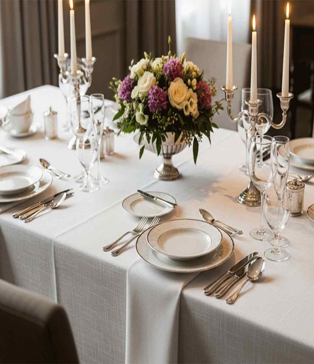 mesa posta decorada com centro de mesa floral lindas louças de cerâmica branca e toalha de mesa branca de linho