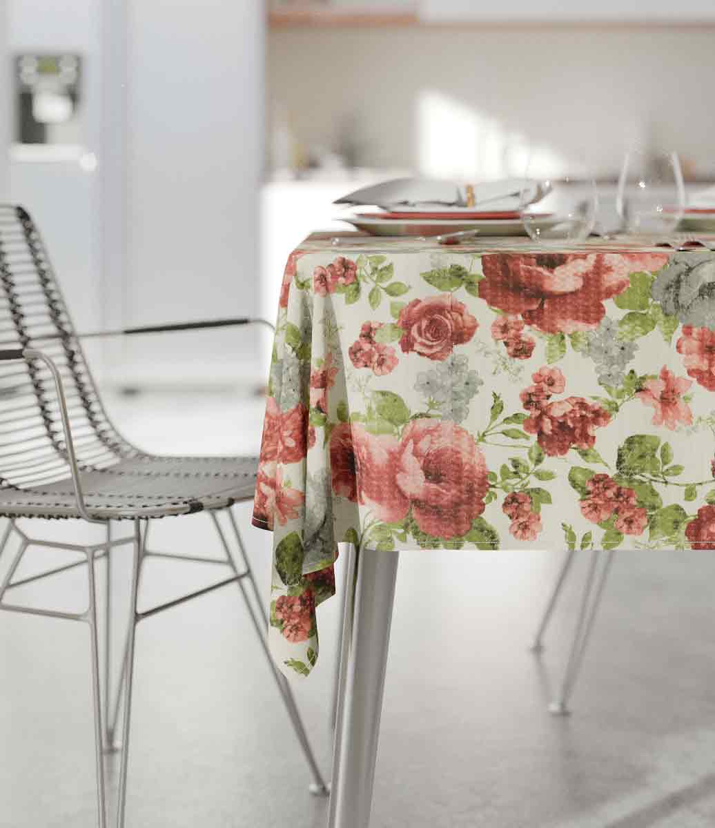 toalha de mesa retangular 8 lugares branca com estampa floral 