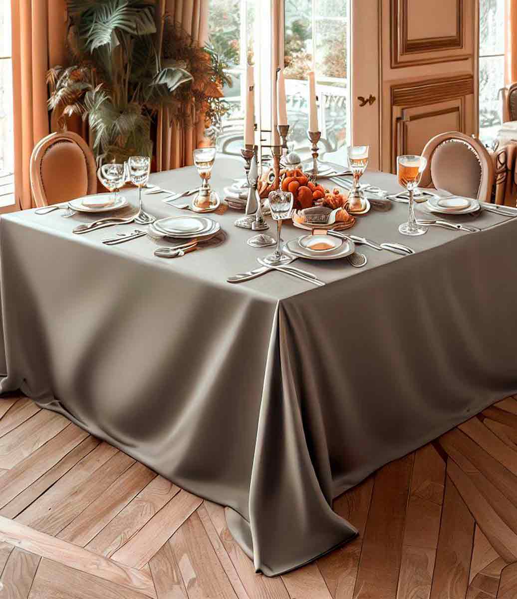 ambiente elegante com mesa posta usando toalha de mesa cinza oxford quadrada louças brancas e sousplats