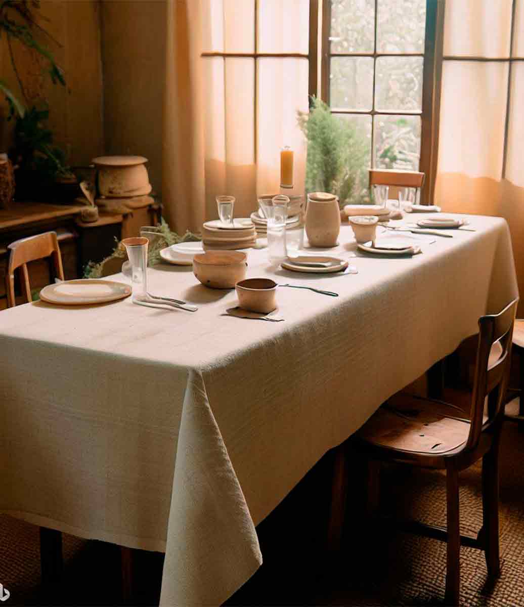 mesa posta em decoração rústica com toalha de mesa creme e arranjos de madeira