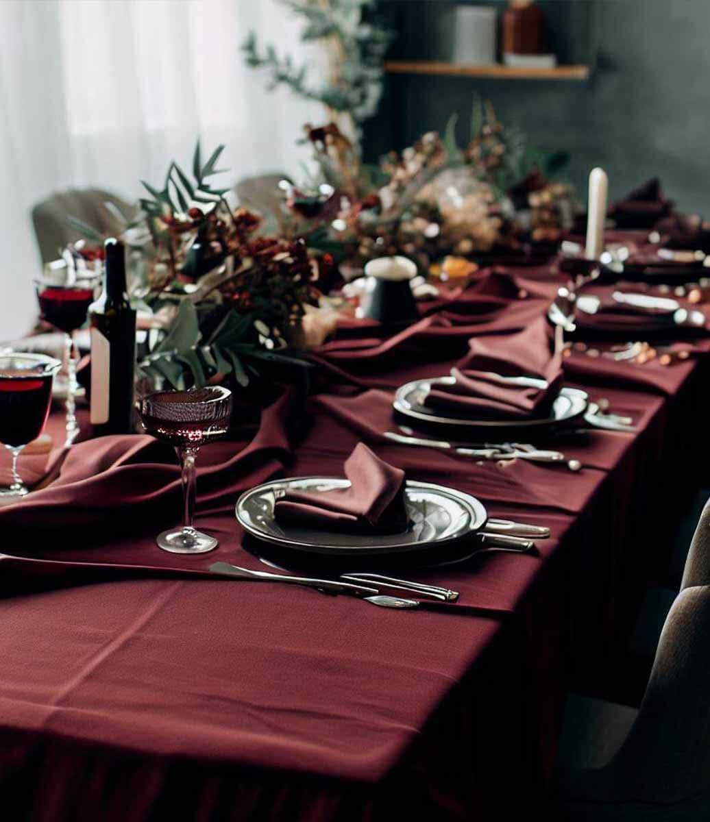 ambiente com mesa posta bem decorada com taças, folhagens e toalha de mesa vinho de linho