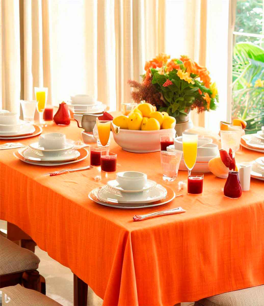 lindo ambiente decorado com mesa posta com toalha de mesa laranja louças brancas e flores