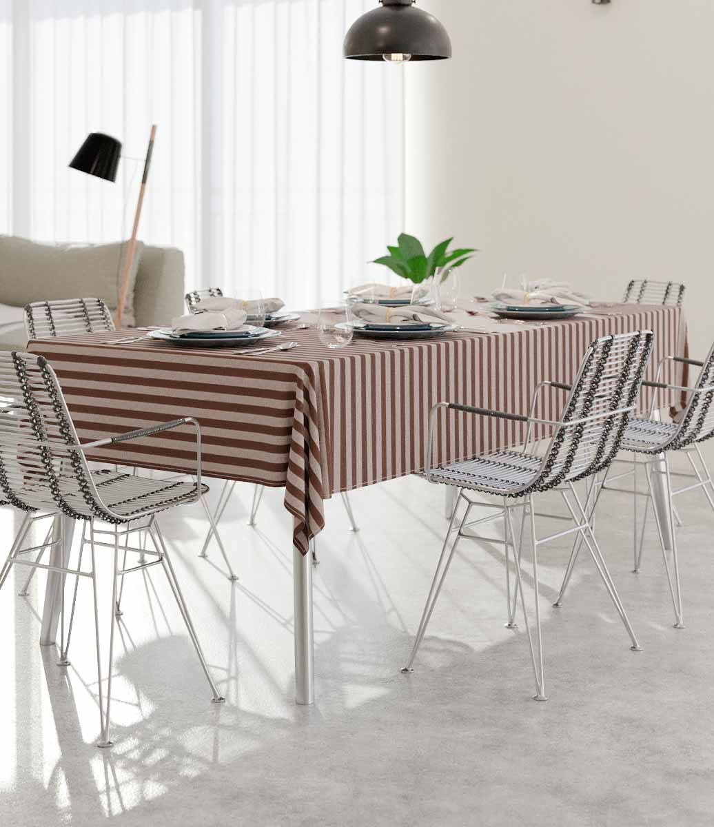 ambiente minimalista todo cinza e neutro com bela toalha de mesa marrom listrada 