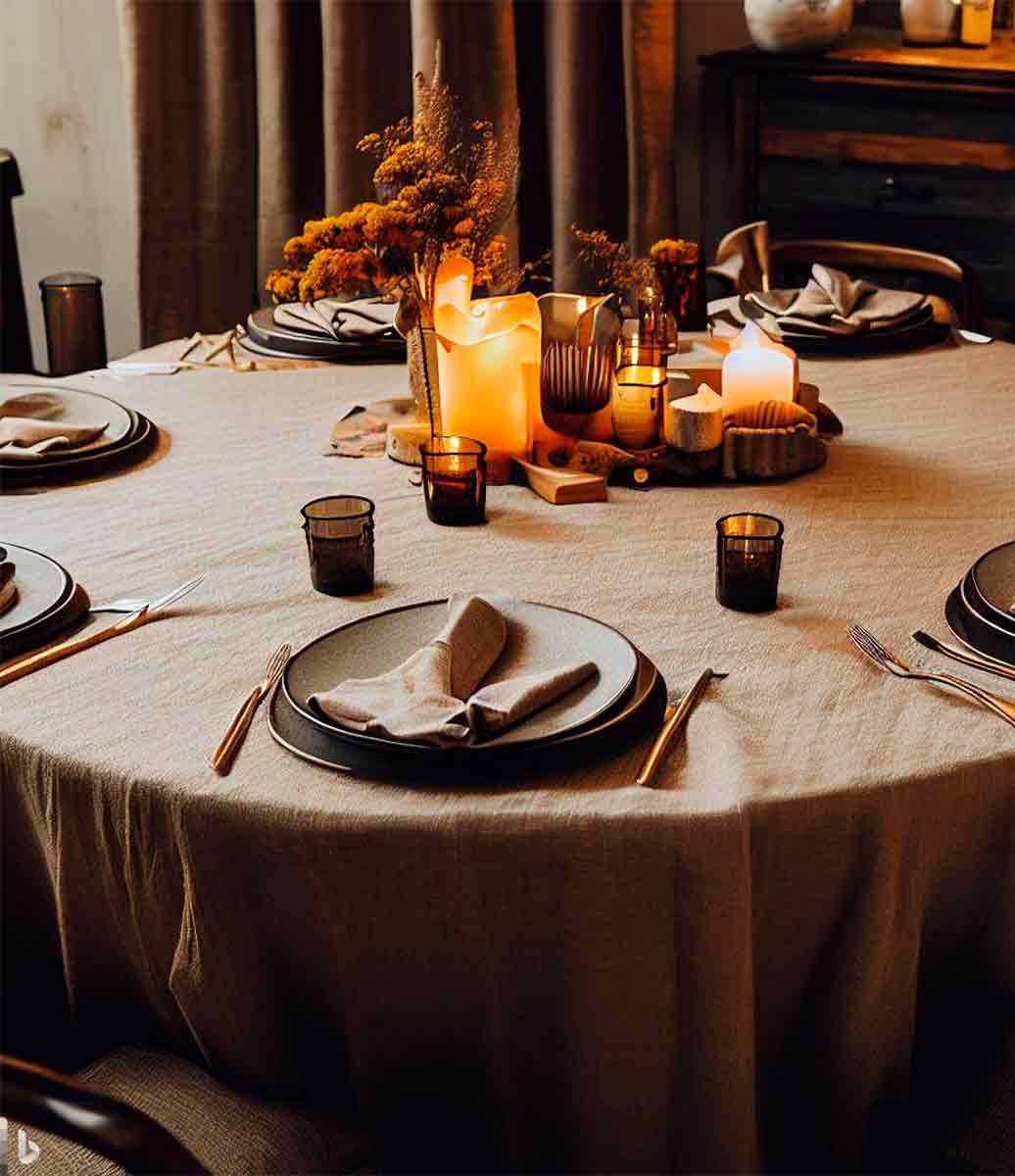 ambiente com decoração rústica e mesa redonda com toalha de mesa em tom amadeirado