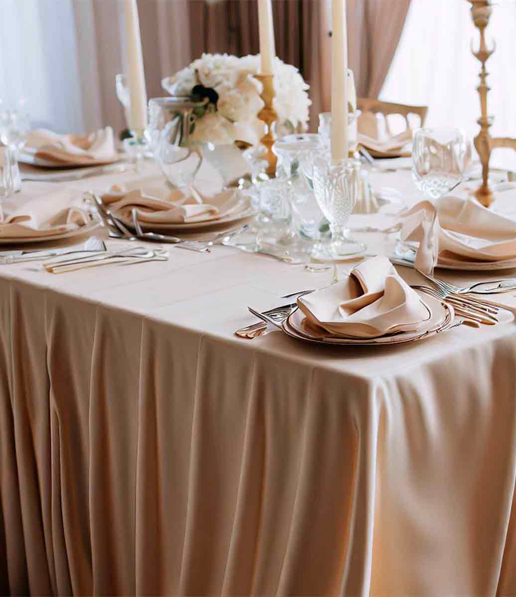 ambiente neutro decorado com mesa quadrada e toalha de mesa oxford cor de pérola com arranjo de mesa louças e prataria