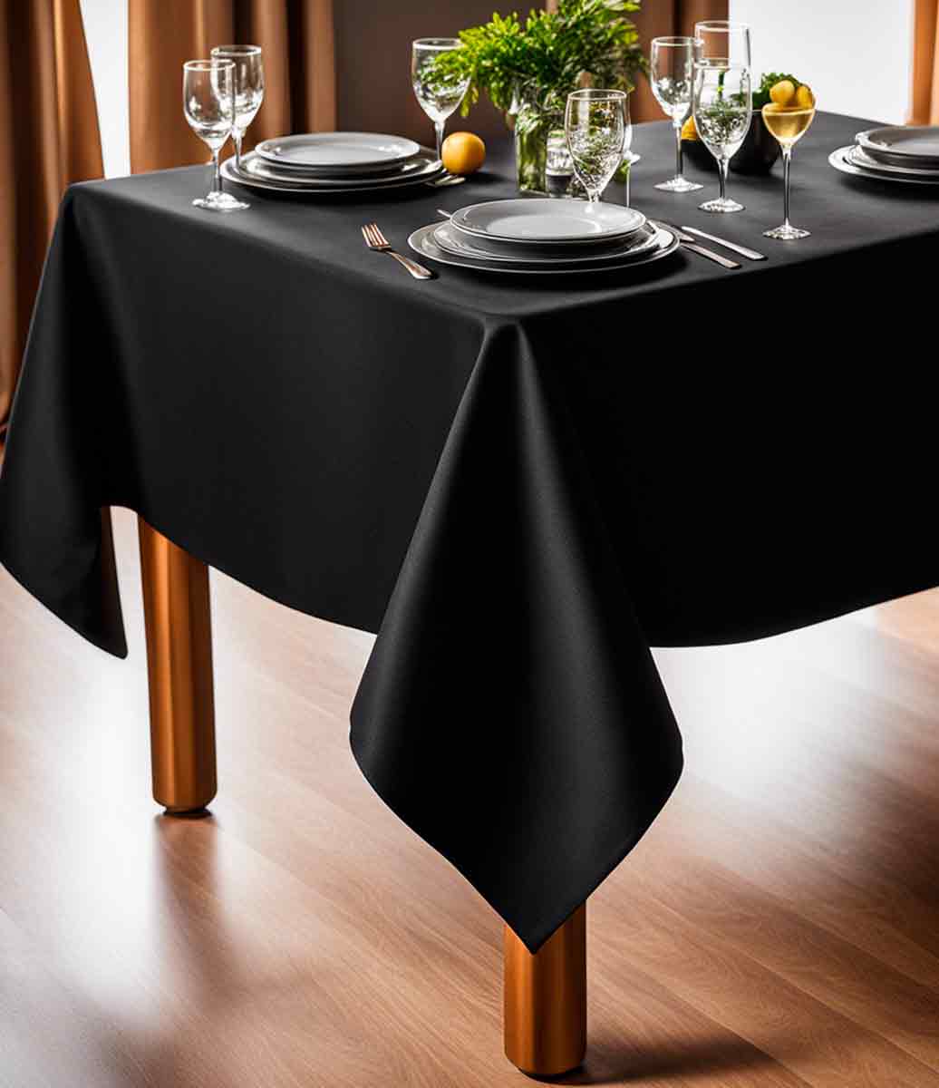 mesa decorada com taças, centro de mesa, louças brancas e toalha de mesa preta oxford