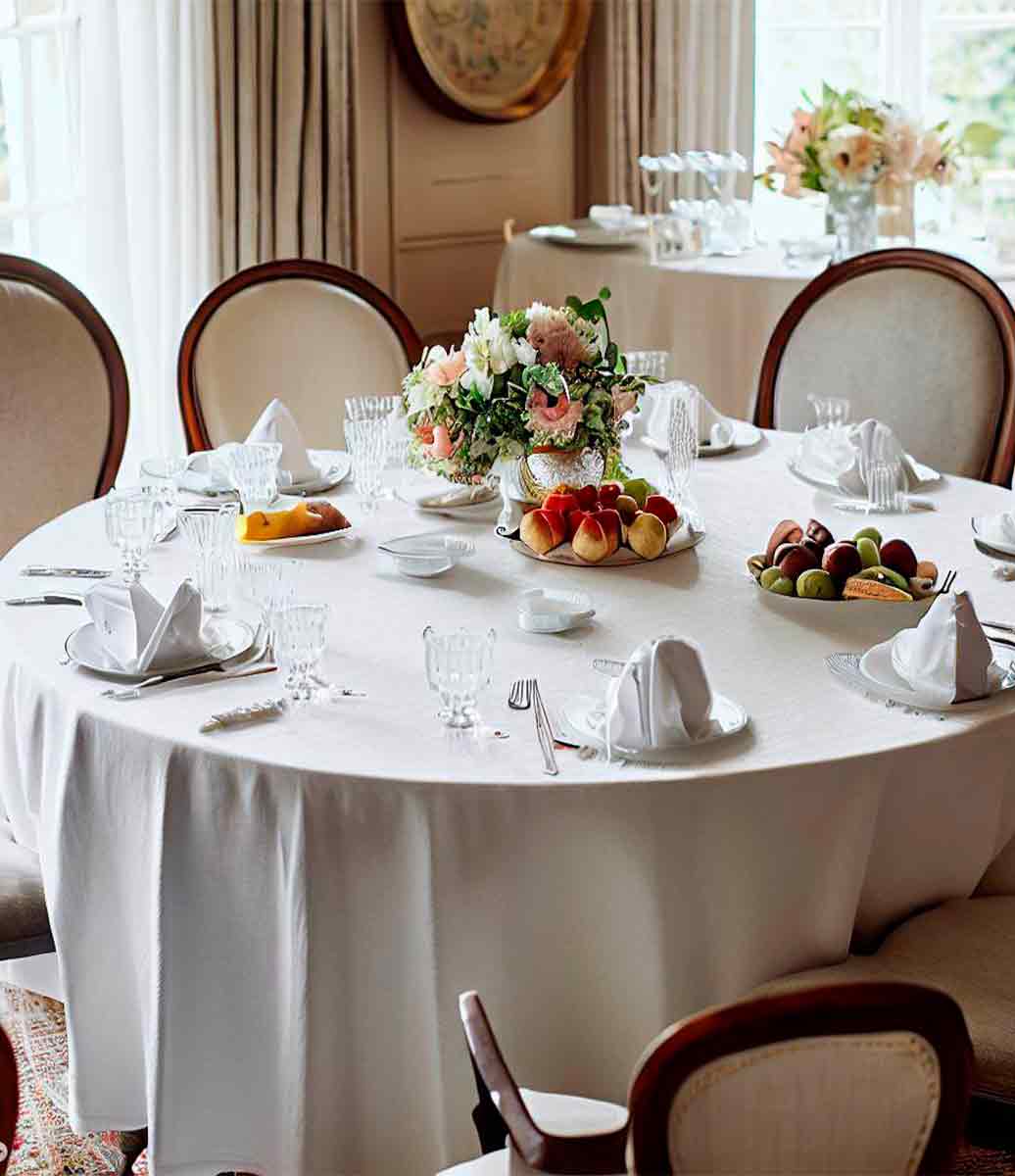 bela decoração de mesa com toalha de mesa branca redonda e adornos como louças e arranjo floral