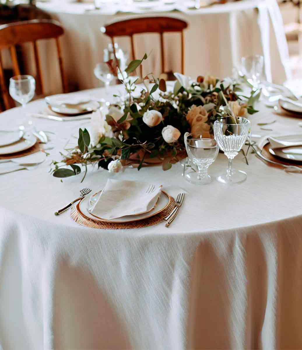 salão de festa para evento com mesas redondas decoradas com taças, arranjos florais, louças brancas e toalhas de mesa de algodão