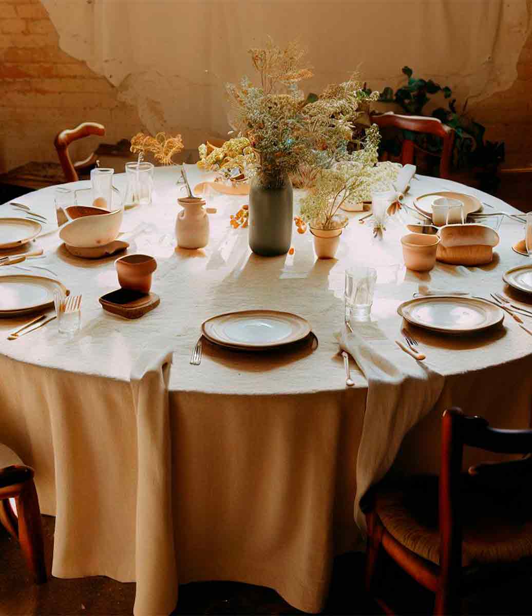 linda decoração rústica com belo ambiente e toalha de mesa creme clara e arranjos florais