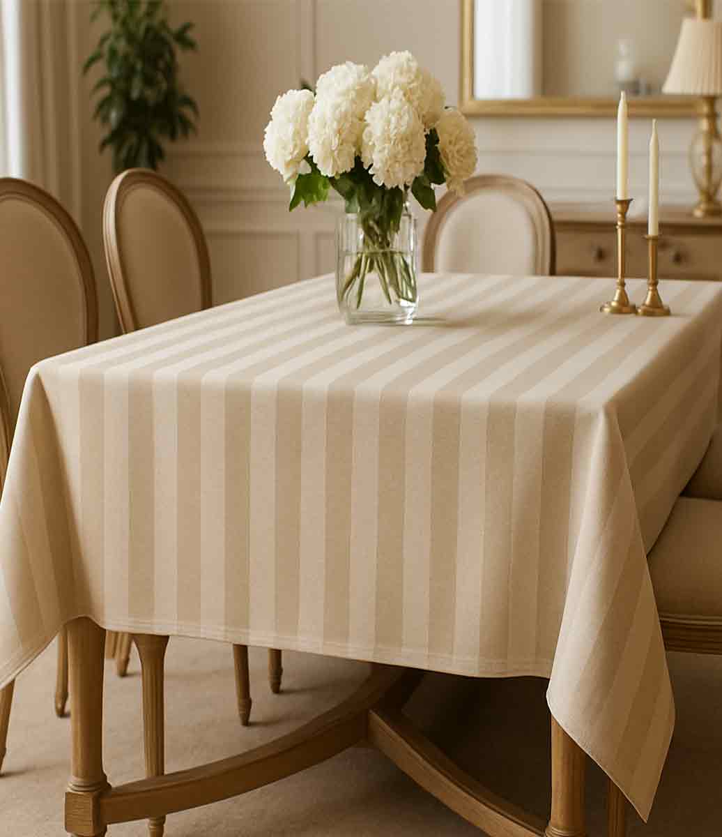 sala de estar com paredes bege e mesa decorada com vaso e aranjo floral com toalha de mesa listrada bege