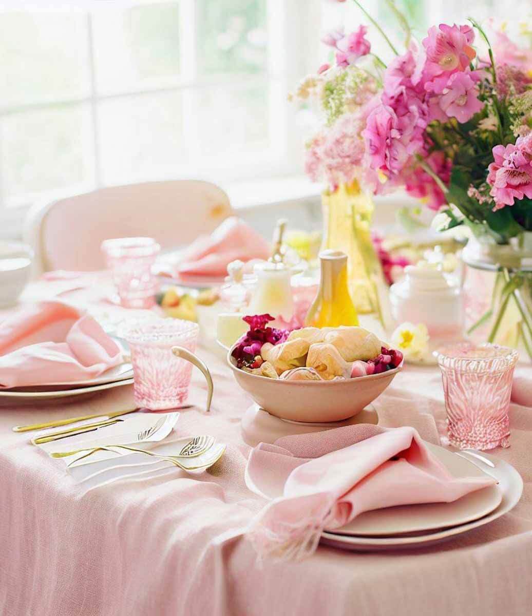 toalha de mesa rosa de linho com linda decoração com flores para o café da manhã