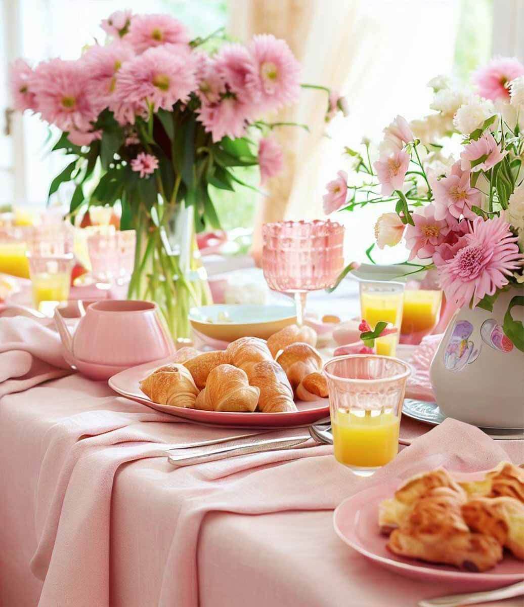 Mesa Decorada para o Café da Manhã com Coissant, Suco e Guardanapos e Toalha de Mesa Rosa de Linho