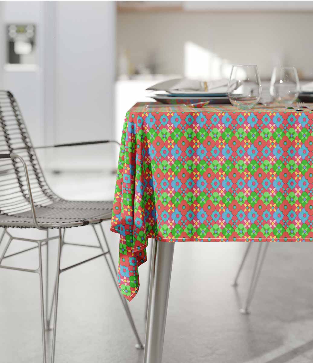 toalha de mesa vermelha com estampa de flores coloridas