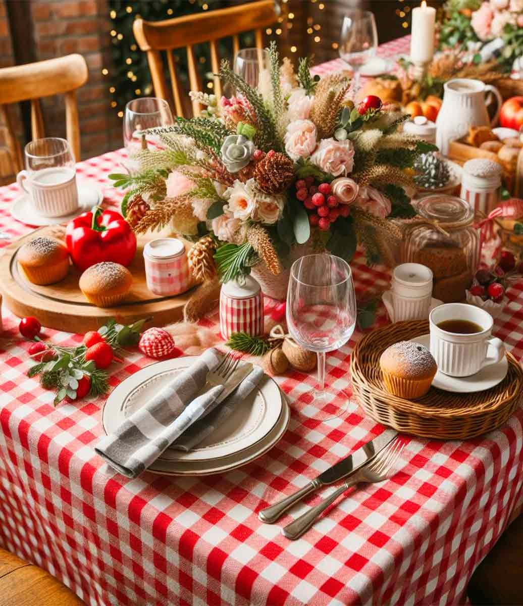Mesa Posta com Centro de Mesa, Louças, Guardanapos de Tecido e Toalha de Mesa Xadrez Vermelha com Branco