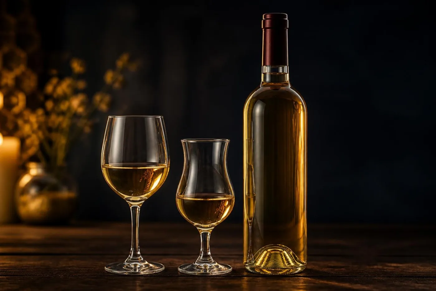 Taça de vinho branco e taça tulipa com hidromel, ao lado de uma garrafa