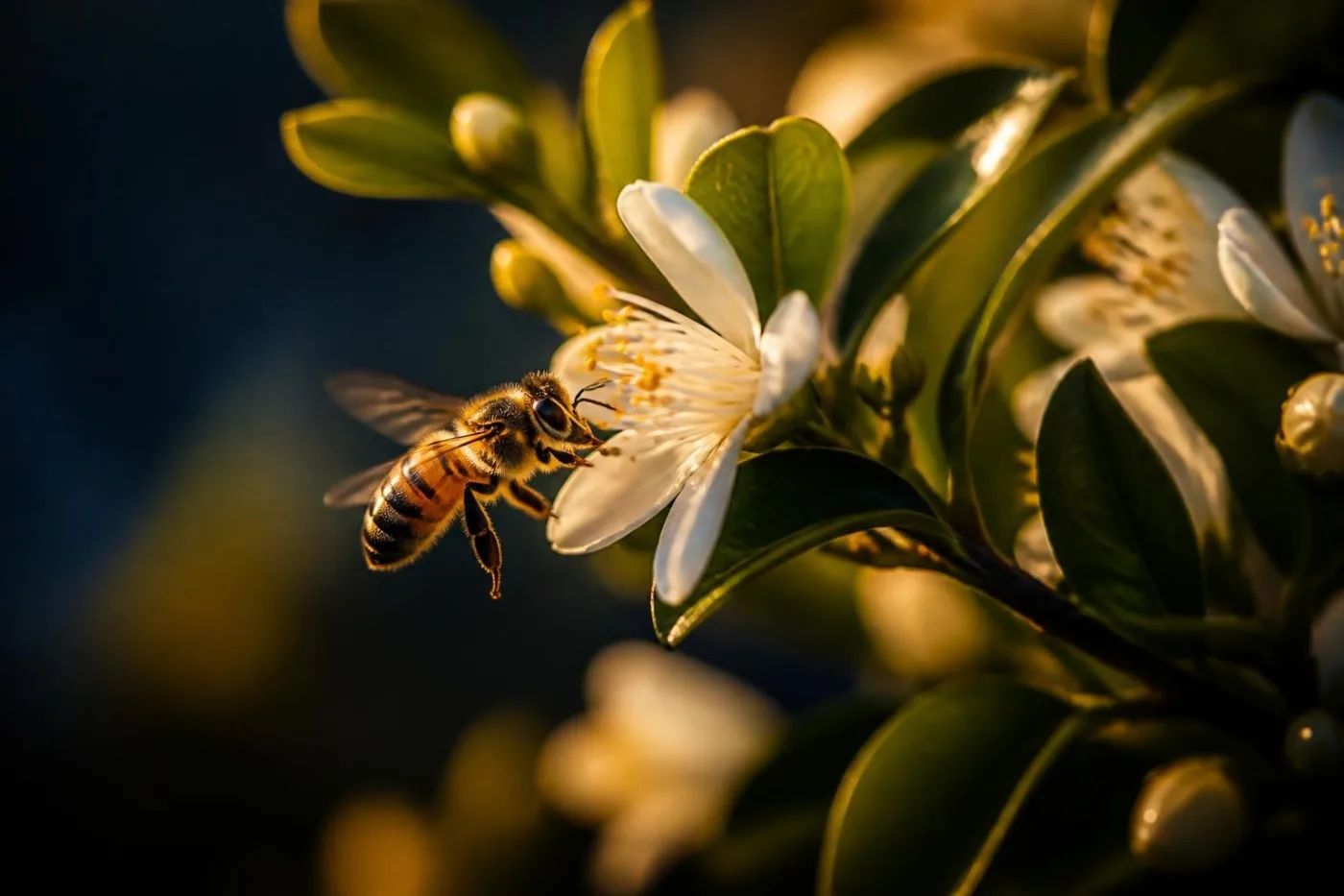 Abelha coletando néctar em flor de laranjeira