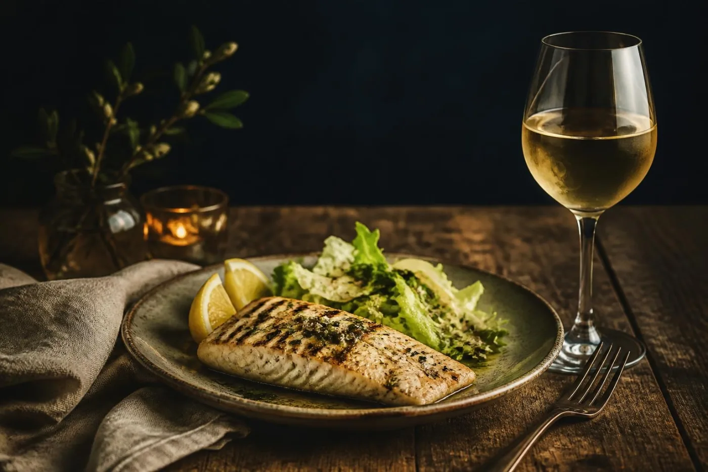 Peixe grelhado com salada e taça de hidromel seco