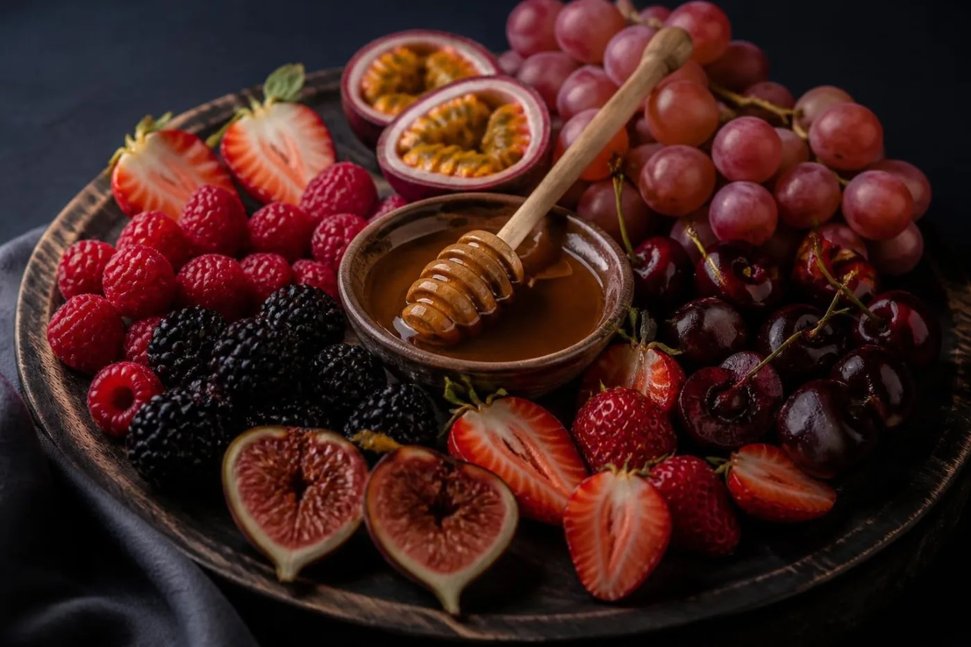 Tábua com frutas vermelhas, figos, maracujá e uvas ao redor de uma tigela de mel