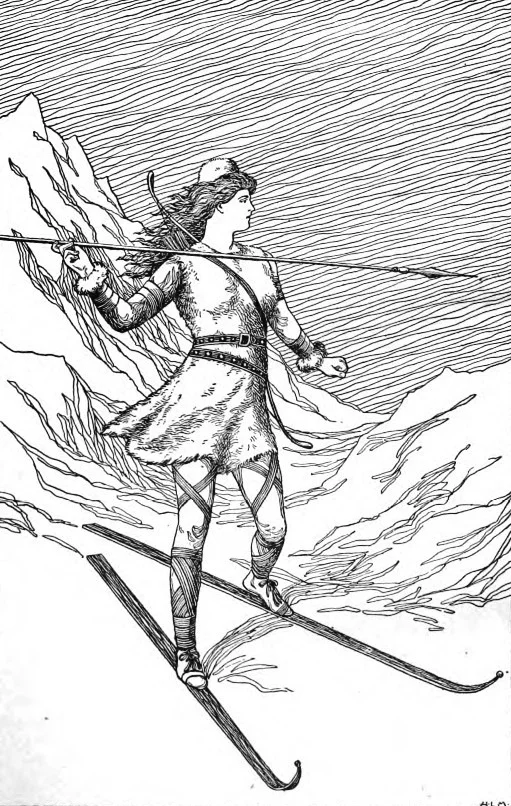 Ilustração antiga da deusa Skadi descendo uma montanha nevada de esquis, com arco e flecha