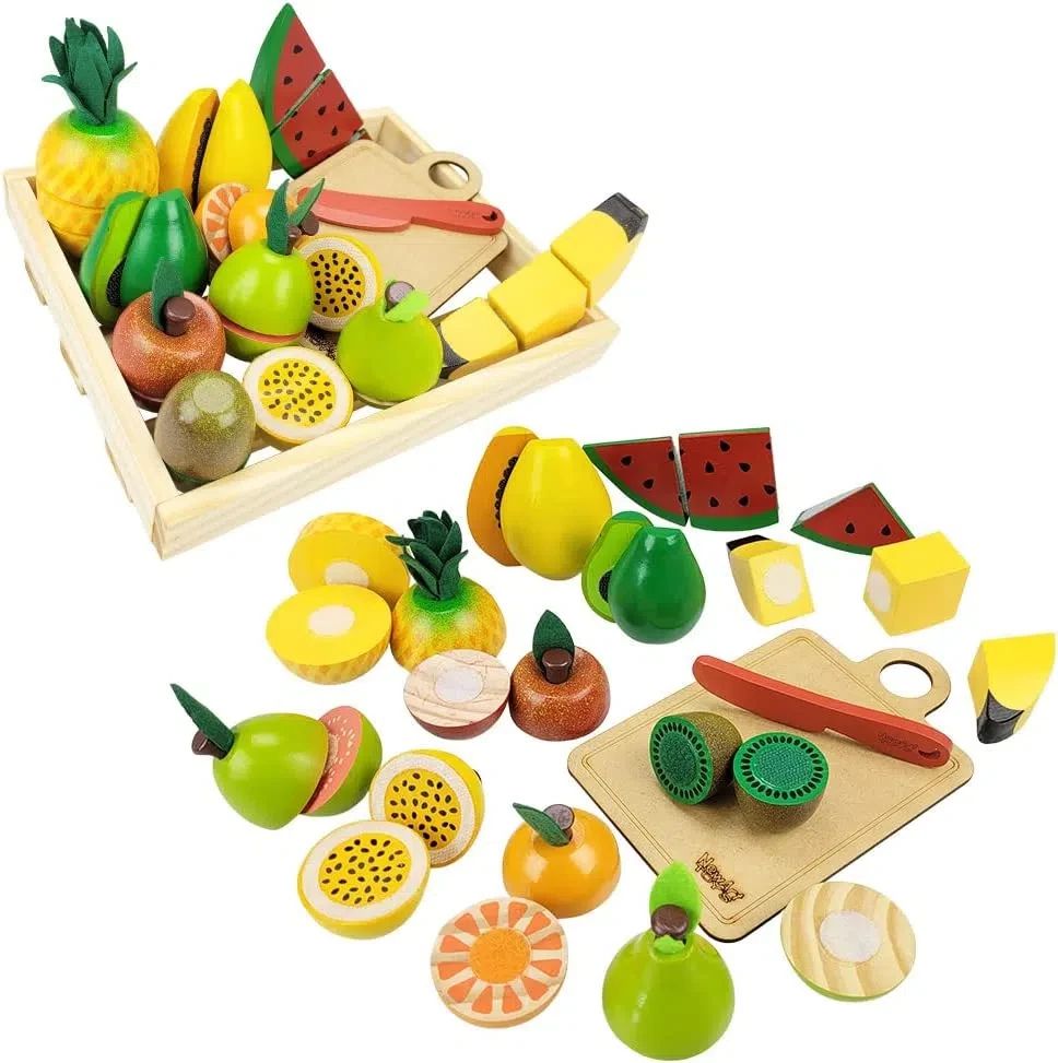 Kit Frutinhas Madeira Com Corte 11 Frutas + Faca, Caixa e Tábua