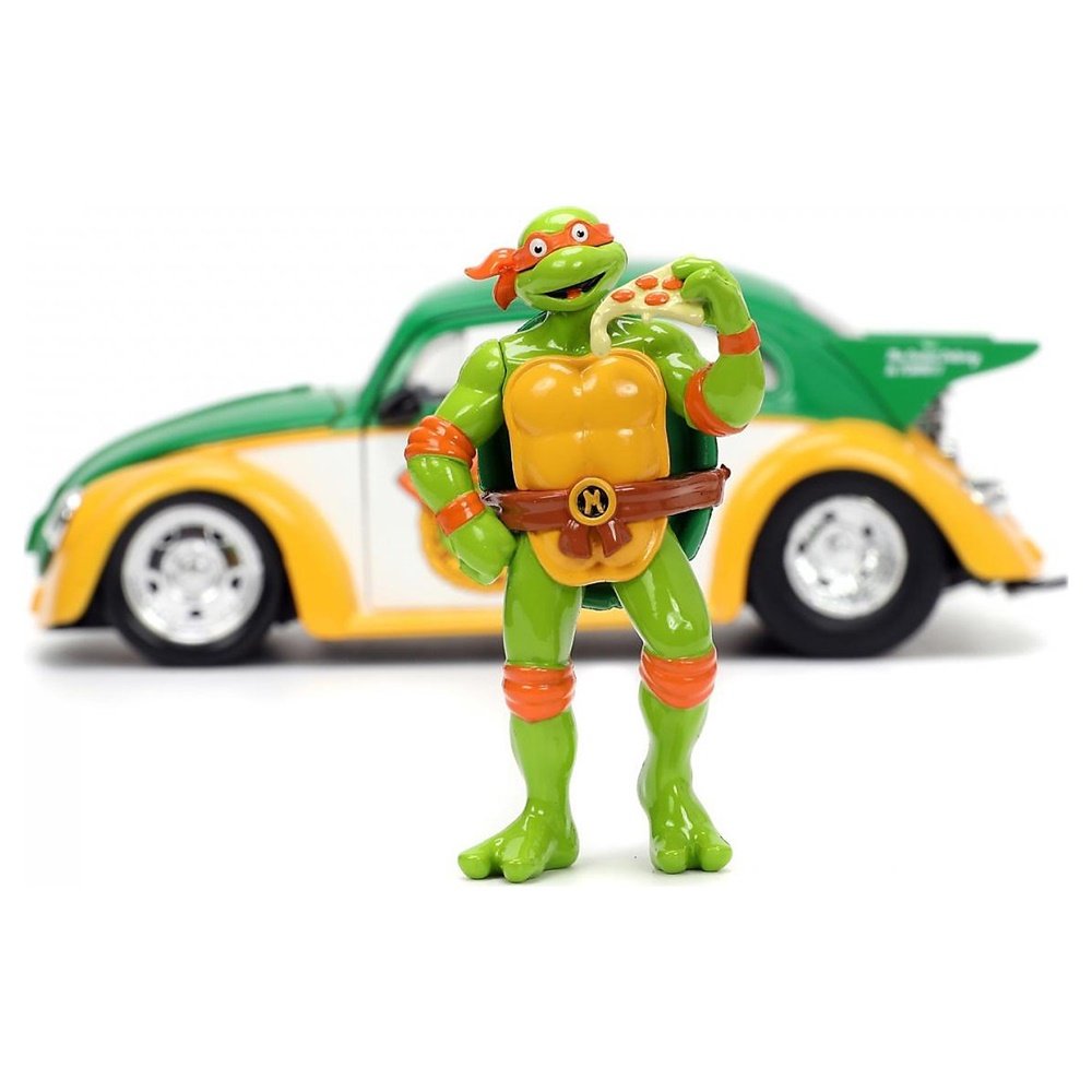 Miniatura Volkswagen Drag Fusca 1959 Tartarugas Ninja com Figura Michelangelo - Escala 1:24