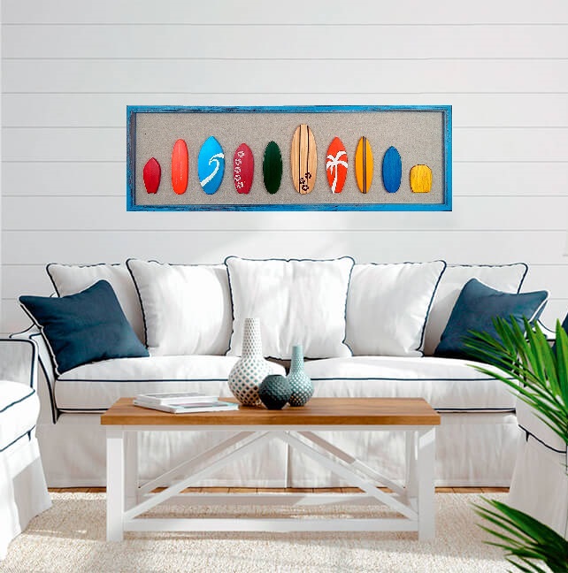 Quadro Decorativo Artesanal com 10 Mini Pranchas de Surf (10