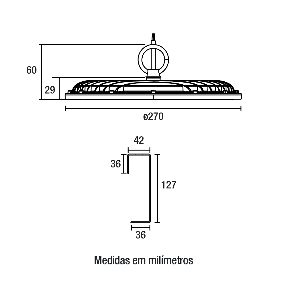 Medidas da luminária High Bay 150W Blumenau
