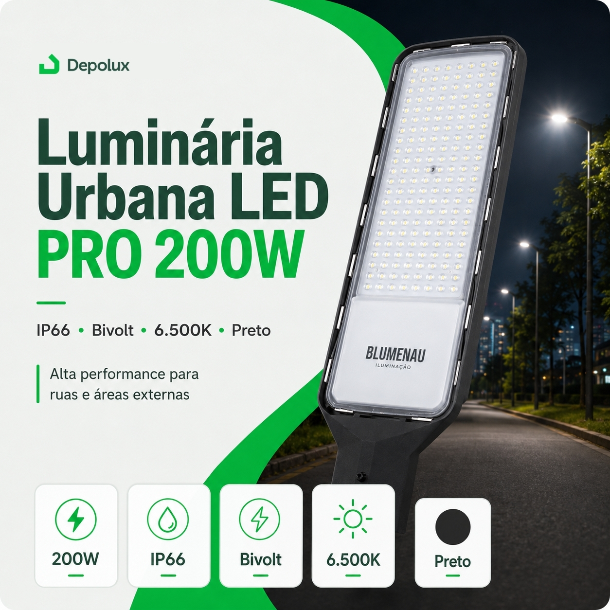 Luminária Urbana LED Pro 200W IP66 Bivolt 6500K Preto Blumenau