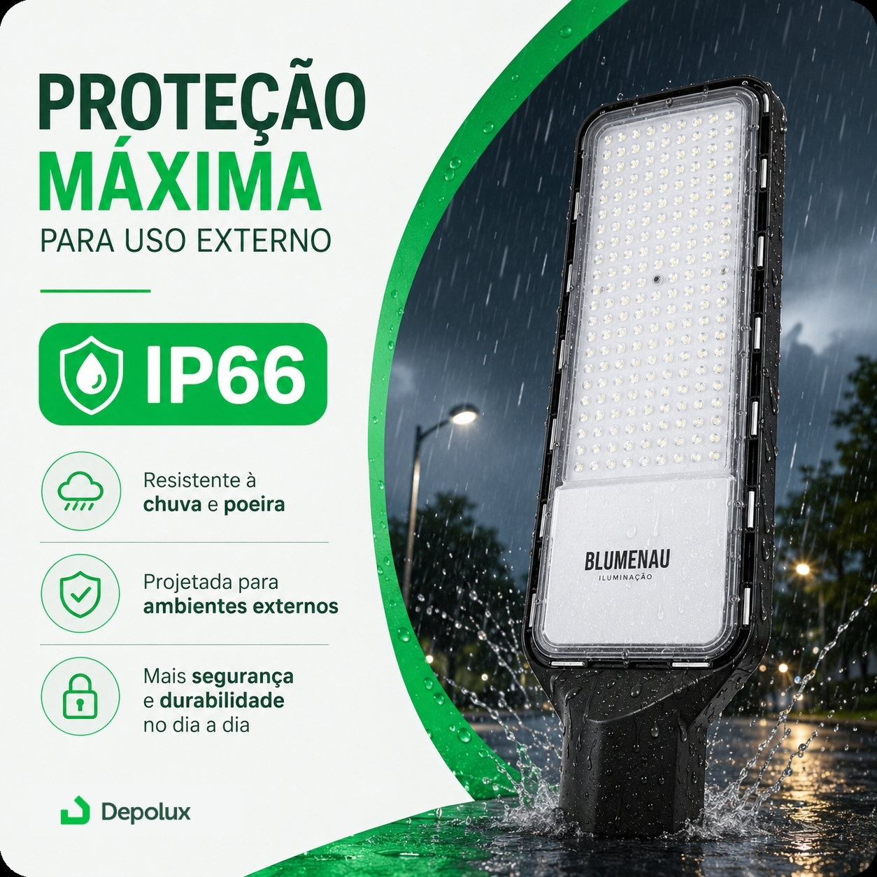 Eficiência e potência da luminária urbana LED Pro 200W Blumenau