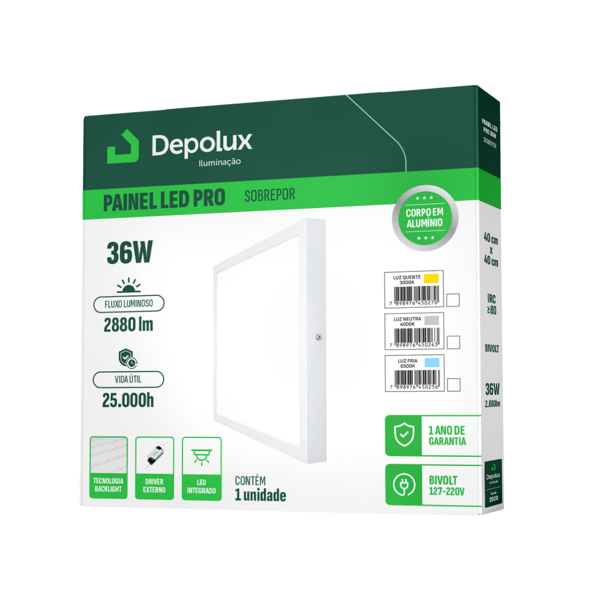 Painel LED de Embutir 36W Quadrado 40x40cm Depolux