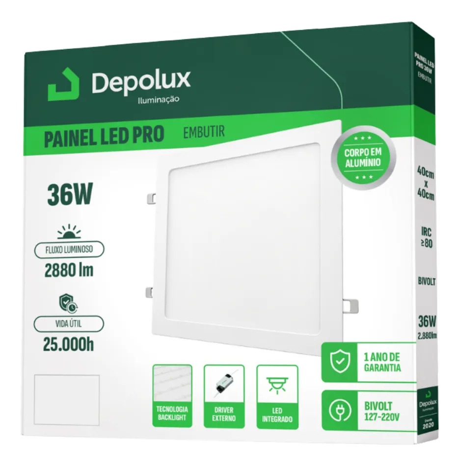 Painel LED de Embutir 36W Quadrado 40x40cm Depolux