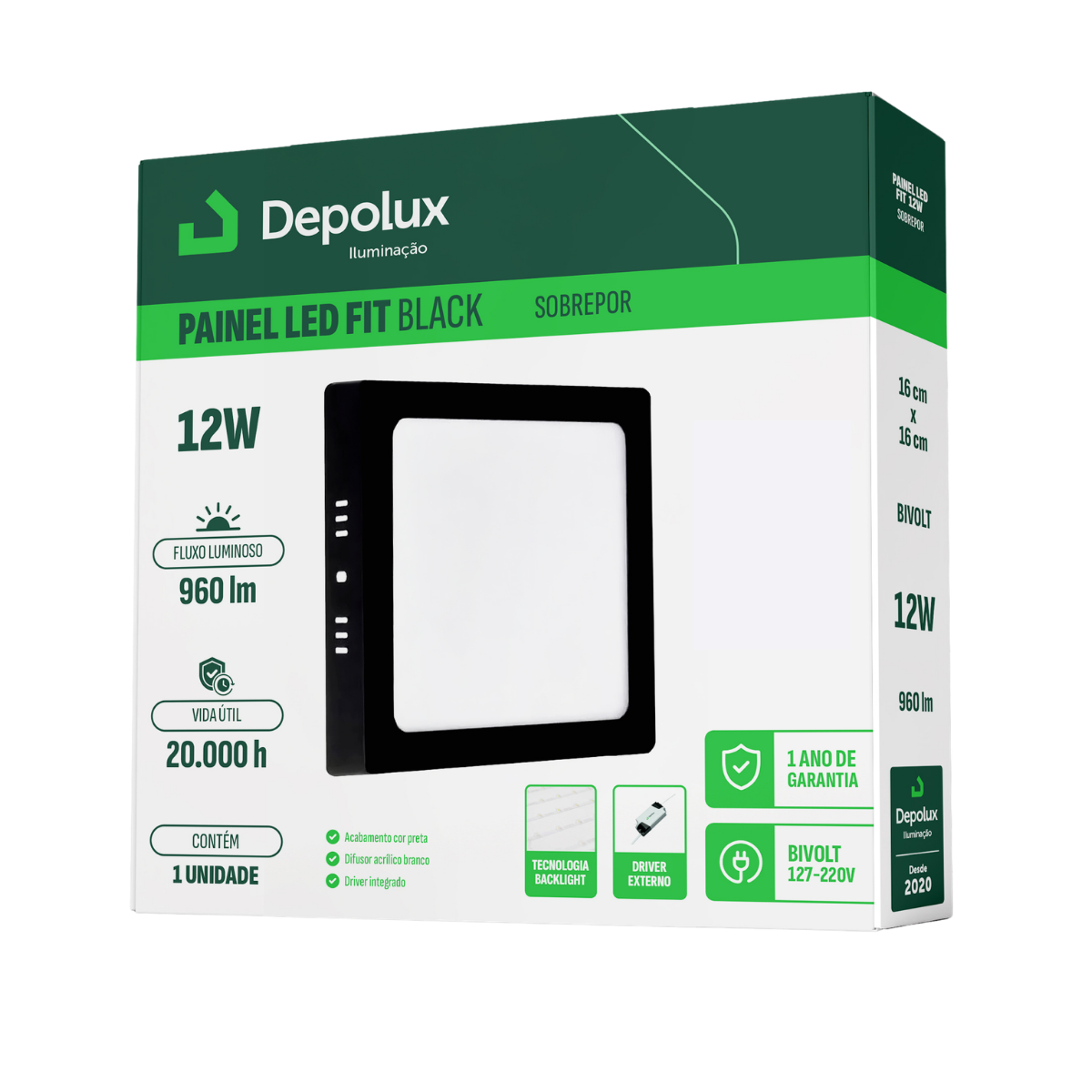 Painel de LED Preto 12W Plafon Quadrado Sobrepor Bivolt Depolux