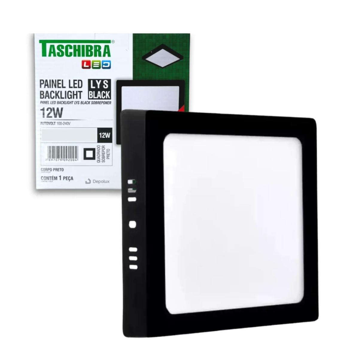 Painel Plafon LED 12W Sobrepor Quadrado Preto Bivolt Taschibra