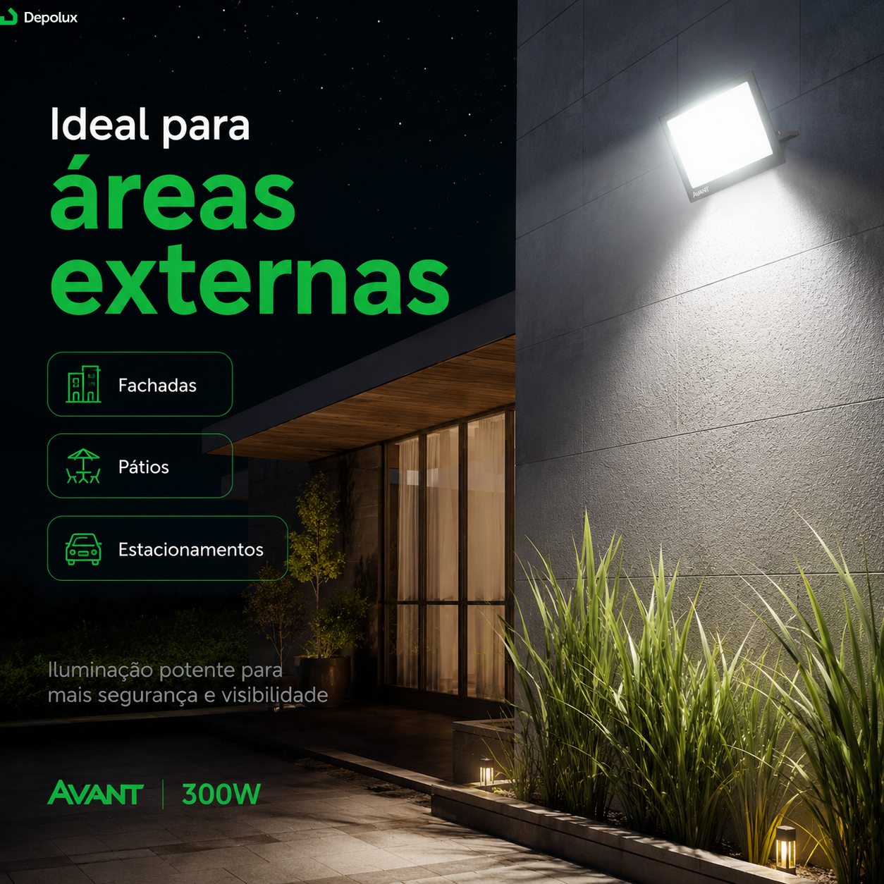 Refletor LED 300W ideal para áreas externas, fachadas, pátios e estacionamentos