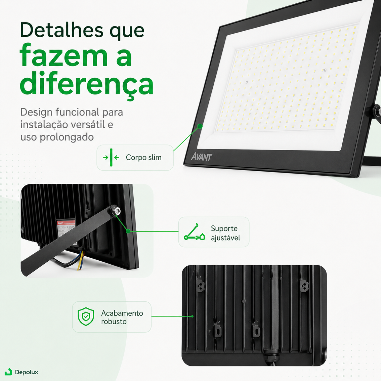 Detalhes do refletor LED Avant 300W com corpo slim, suporte ajustável e acabamento robusto