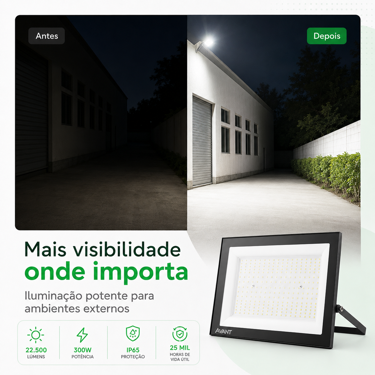 Antes e depois da iluminação com refletor LED Avant 300W para mais visibilidade onde importa