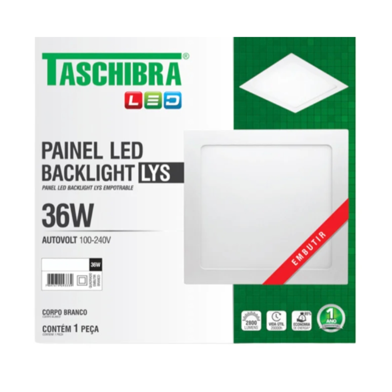 Painel de LED Quadrado 36W Lys Embutir Branco Bivolt Taschibra