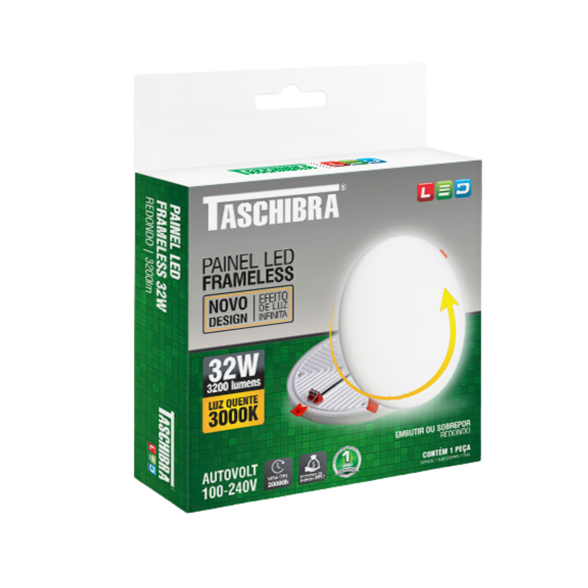 Painel de LED 32W Frameless Redondo Borda Infinita Embutir ou Sobrepor Bivolt Branco Taschibra