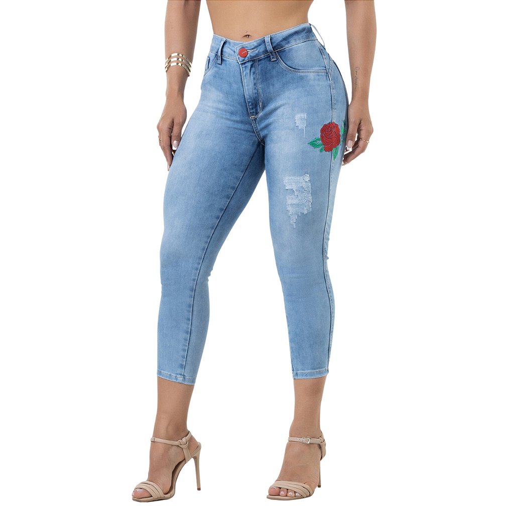 Calça Capri Feminina Jeans Com Licra Cintura Alta Com Efeito