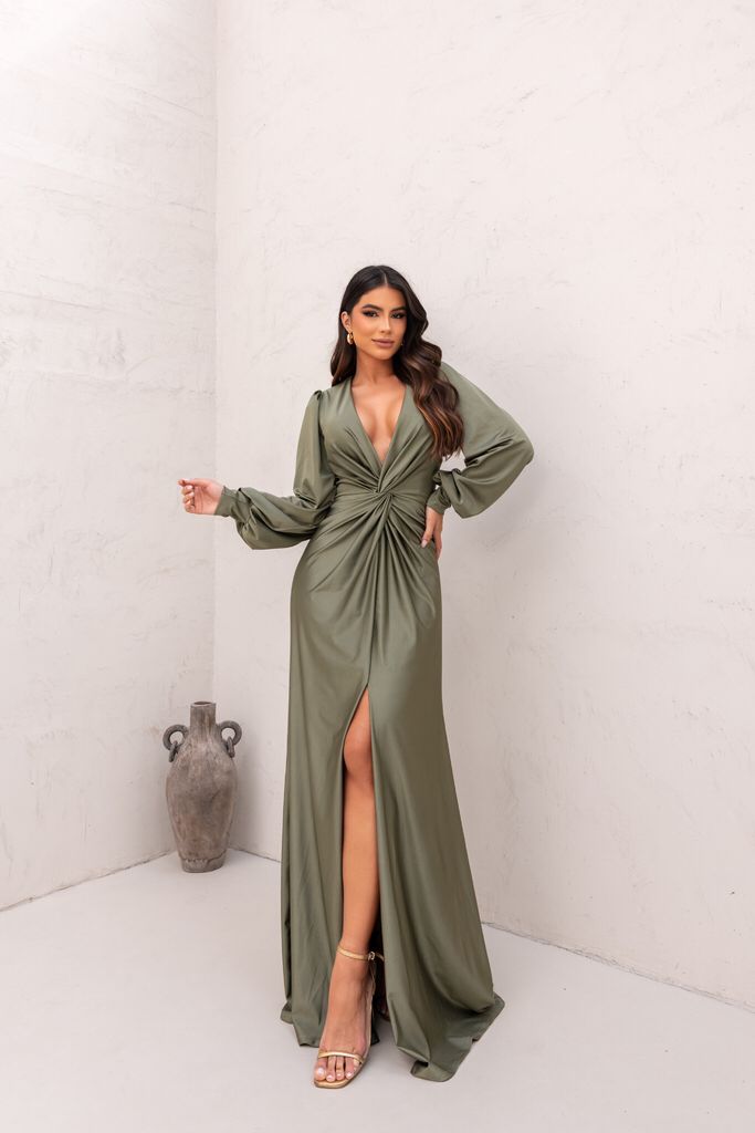 Vestido longo manga longa decote V detalhe na cintura Vestidos