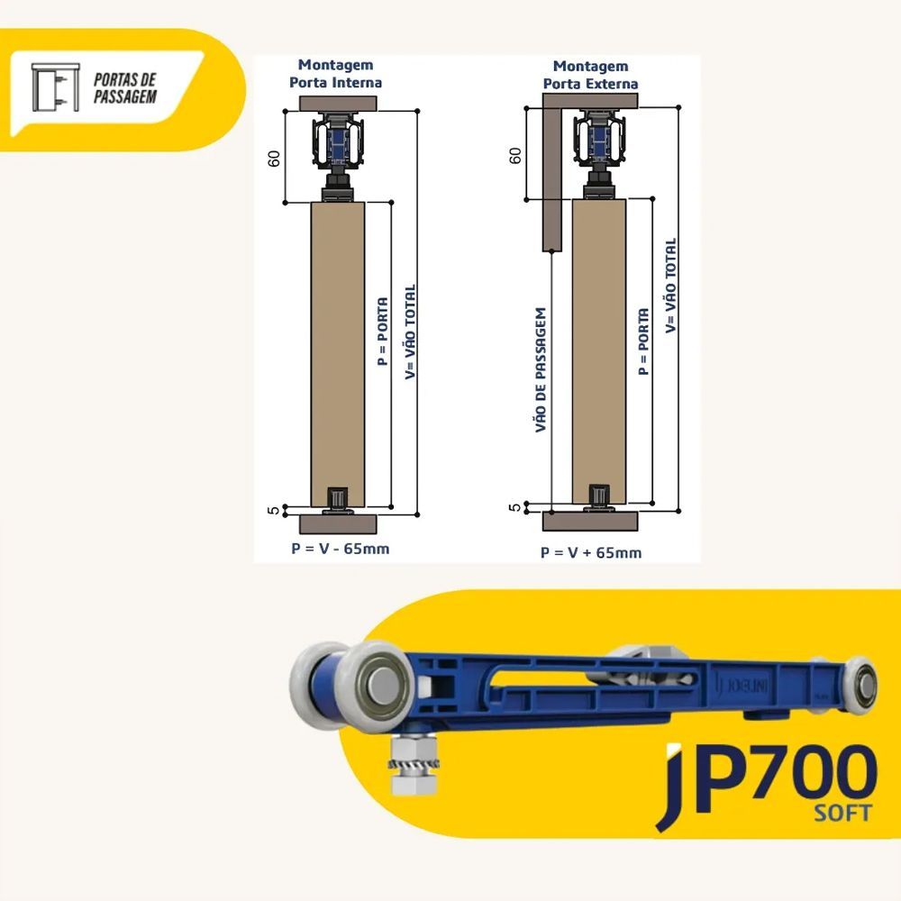 Sistema Para Porta De Correr até 40kg Jp700 Soft40 com Amortecedor