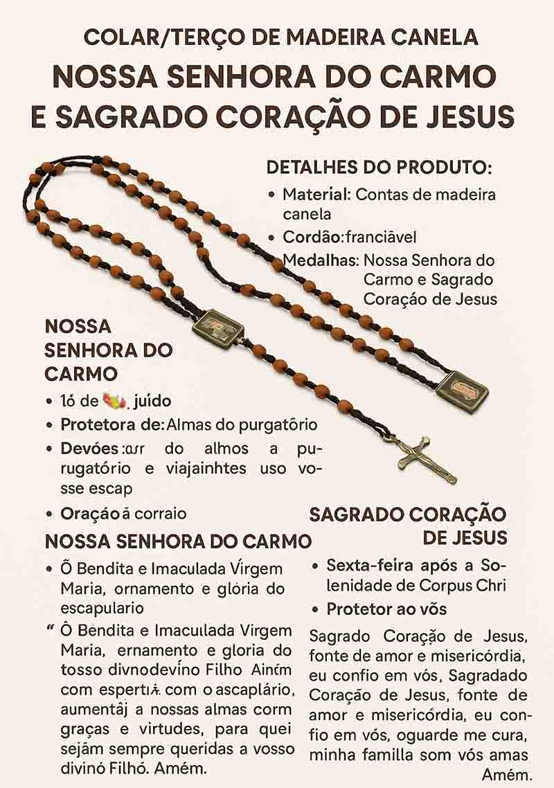 Colar Terço de Nossa Senhora do Carmo e Sagrado Coração de Jesus