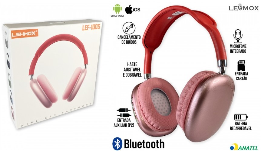 Headphone Bluetooth LEF-1005 Lehmox - Vermelho Rosê - LIDERTECH