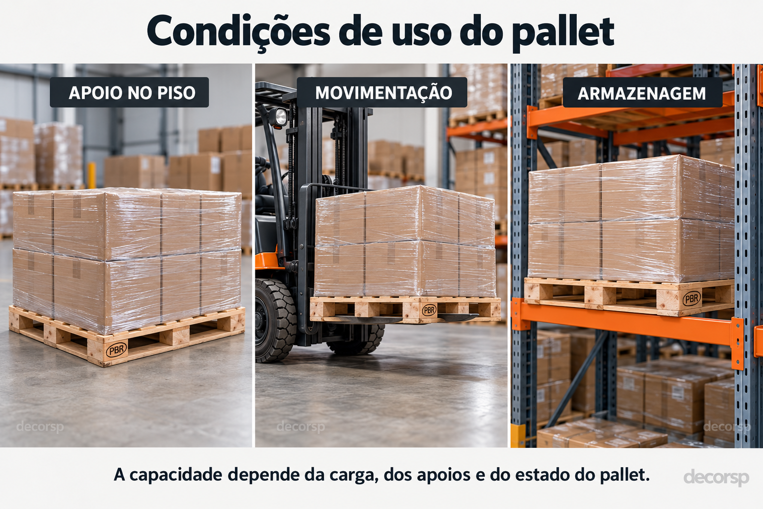 Pallet PBR com carga apoiado no piso, movimentado por empilhadeira e armazenado em estrutura porta-paletes