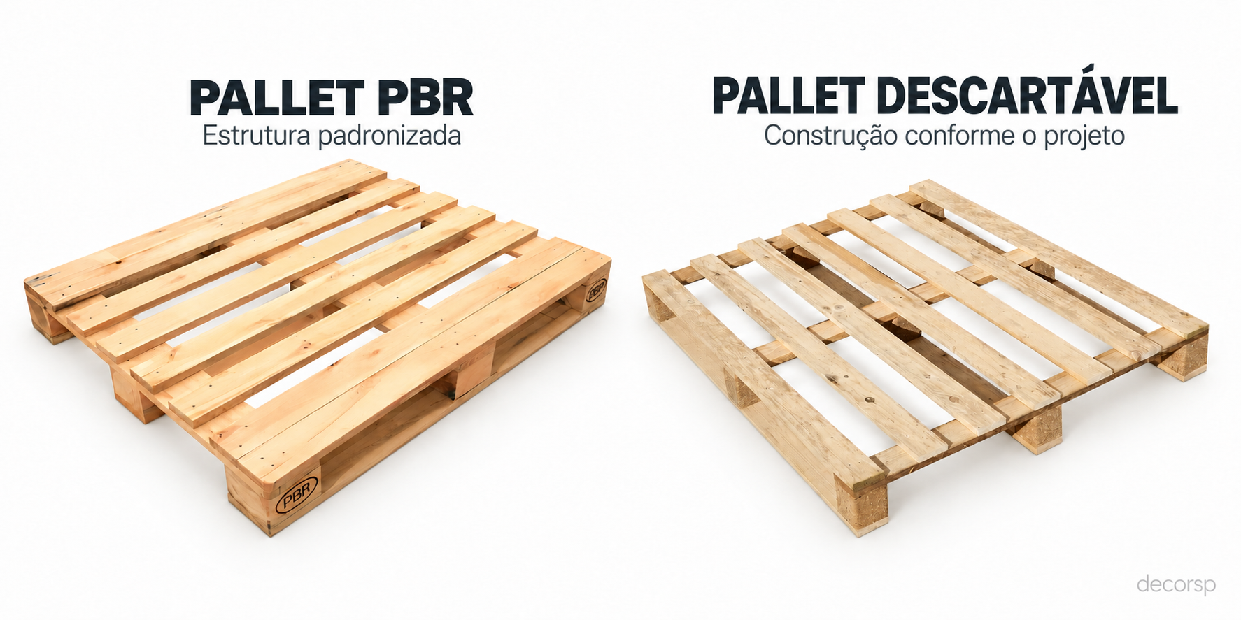 Pallet PBR e pallet descartável de madeira mostrando diferenças na disposição das tábuas e na estrutura