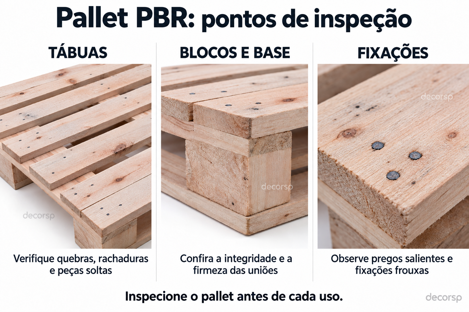 Detalhes das tábuas, blocos, base e pregos do pallet PBR com orientações para inspeção da estrutura antes do uso