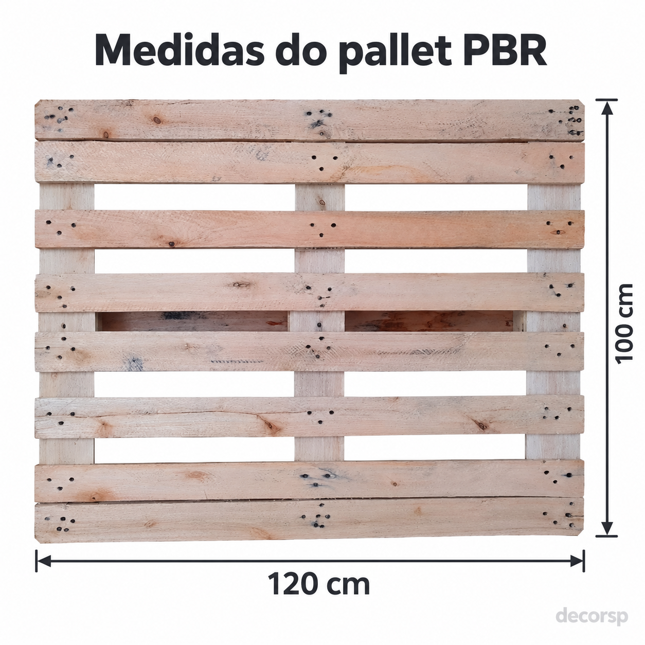Vista superior do pallet PBR de madeira com medidas de 100 centímetros de largura por 120 centímetros de comprimento