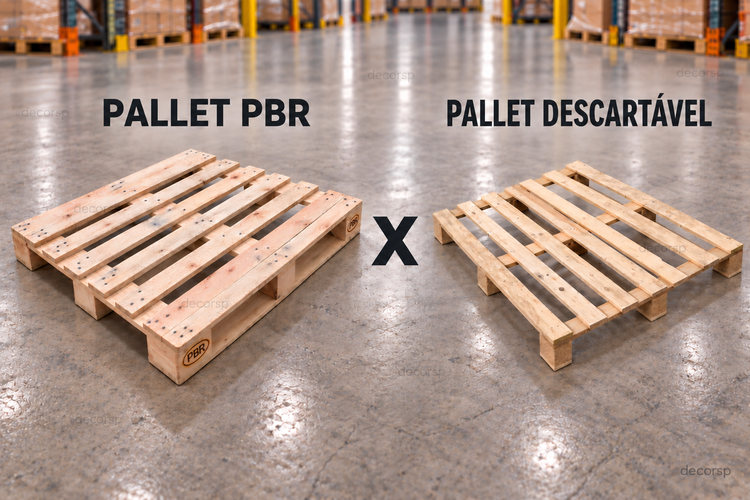 Comparação entre pallet PBR e pallet descartável de madeira lado a lado em um galpão logístico